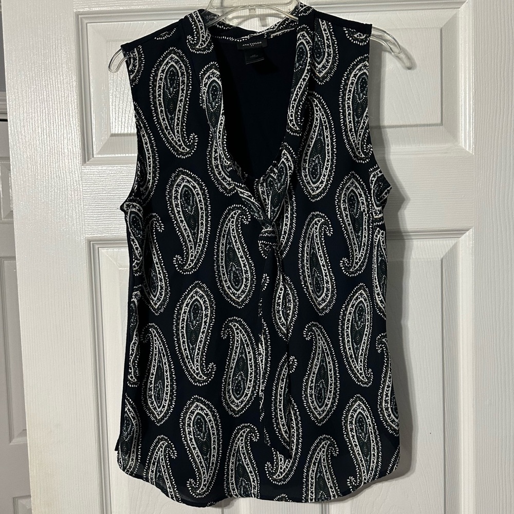 Ann Taylor Sleeveless Tie Front Paisley Blouse